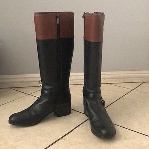 Black faux leather calf length boots